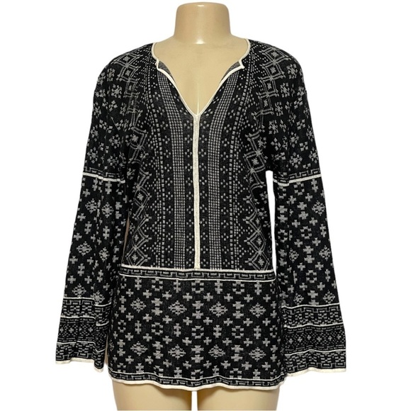 Cynthia Rowley Women Black Print Pullover Lightweight V-Neck Knit Sweater Top‎ S - Picture 1 of 6